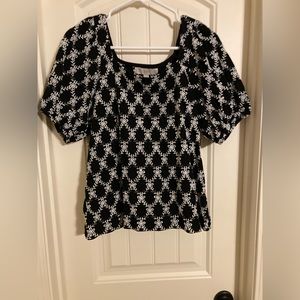 Loft Black and White Embroidered Puff Sleeved Blouse